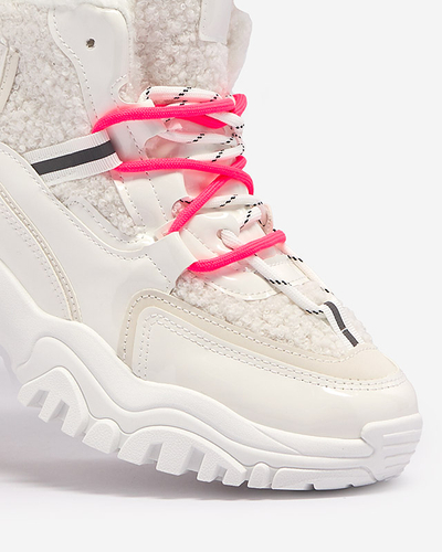 Pantofi sport de damă albi cu blană și șireturi roz neon Sagglo- Footwear
