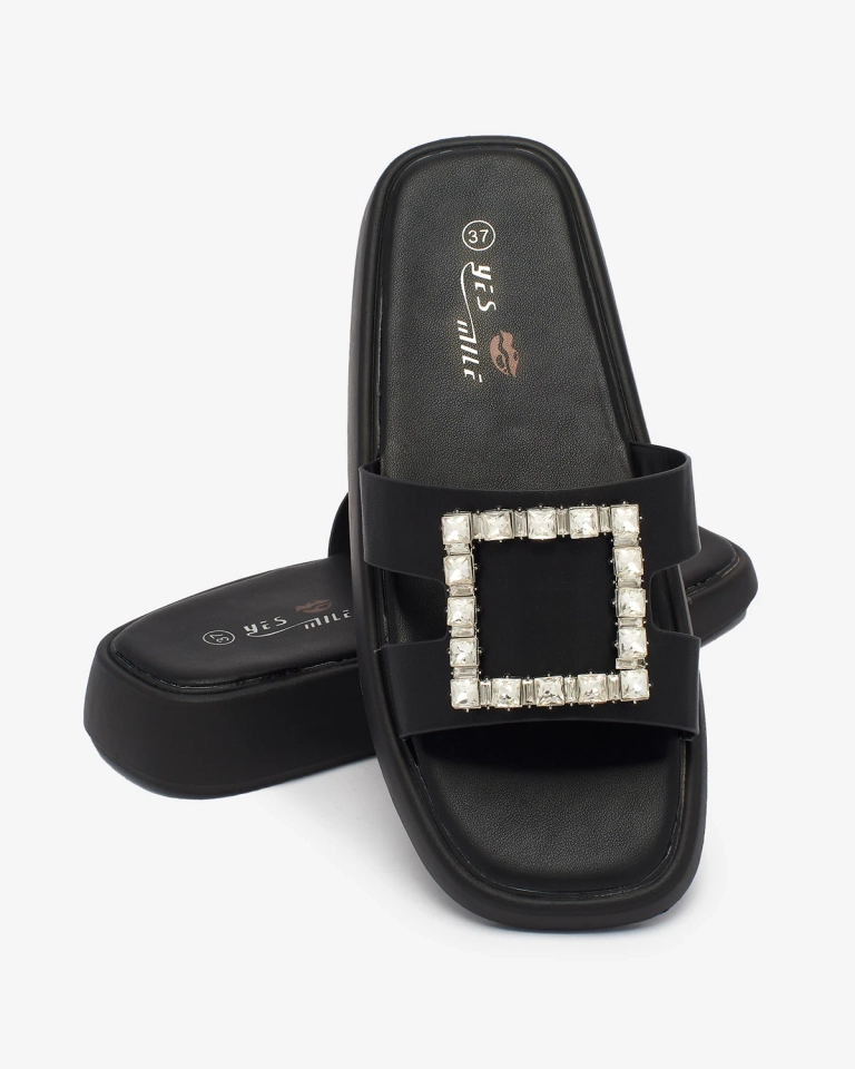 Royalfashion Șlapi de damă negri cu cristale Telika