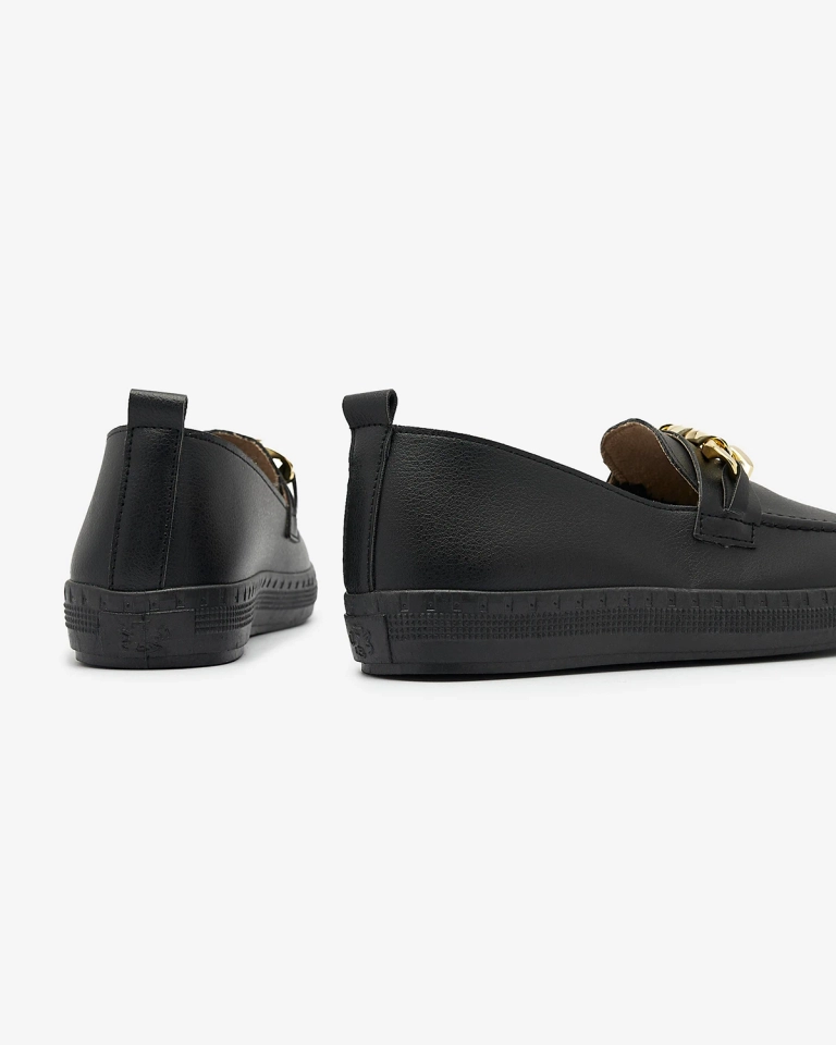 Mocasini negri de damă cu ornament auriu Ellica- Footwear