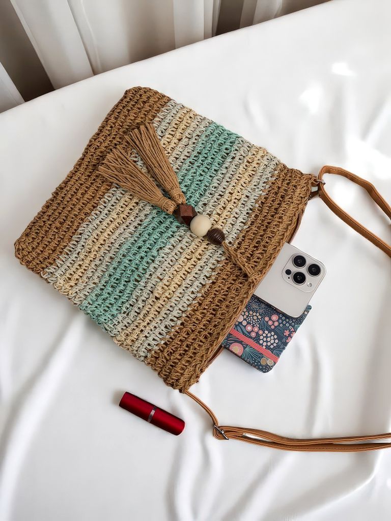 Royalfashion Geantă mică de damă din paie, cu dungi, Charm Mini