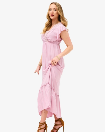 Rochie lungă roz de damă cu dantelă - Îmbrăcăminte