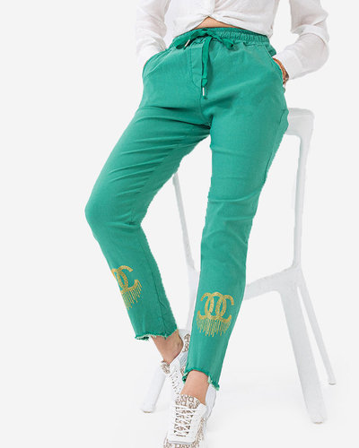 Pantaloni de dama din tesatura verde cu zirconiu cubic - Imbracaminte