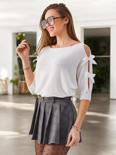 Royalfashion Pulover din acril pentru femei cu mâneci decorative și fundițe