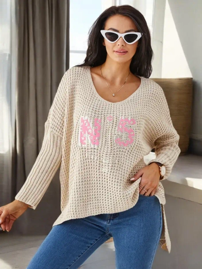 Pulover tricotat din acril pentru femei Royalfashion cu texte