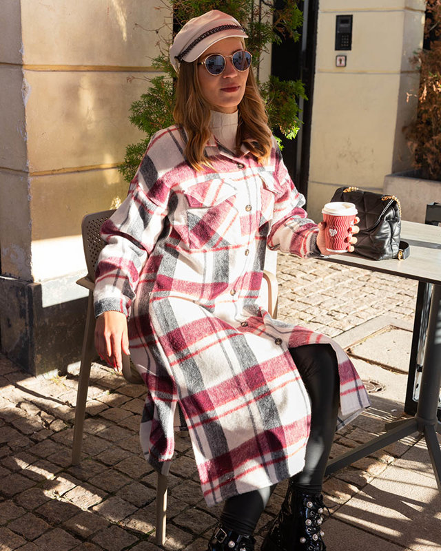 Jachetă de damă cu carouri maro peste genunchi - Îmbrăcăminte