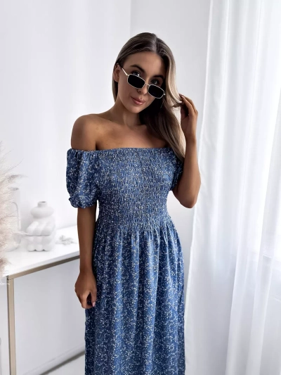 Rochie midi cu flori de culoare albastră pentru femei - Îmbrăcăminte