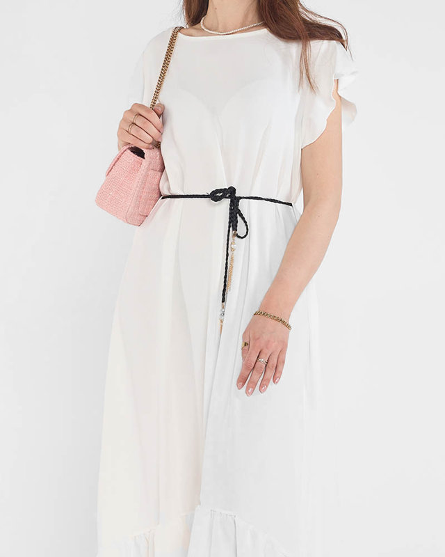 Rochie albă de damă cu volane și curea cravată în talie - Îmbrăcăminte