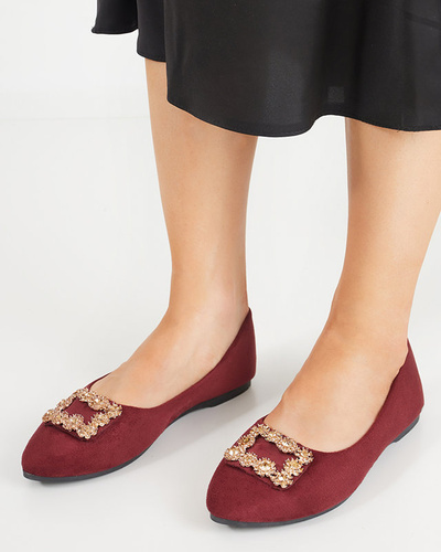 Balerini de dama din piele intoarsa ecologica bordeaux cu ornament Linselisa - Pantofi