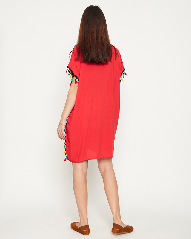 Tunica de plaja dama rosie de vara cu franjuri - Imbracaminte