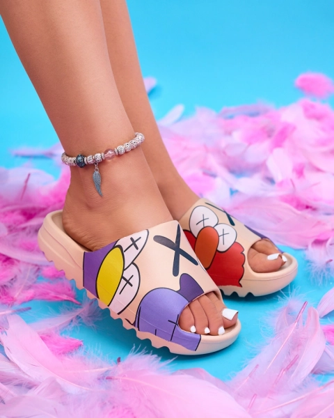 Papuci dama cauciuc bej cu imprimeu Pfizz - Incaltaminte