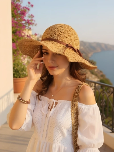 Royalfashion Pălărie de paie pentru femei cu fundă Belle