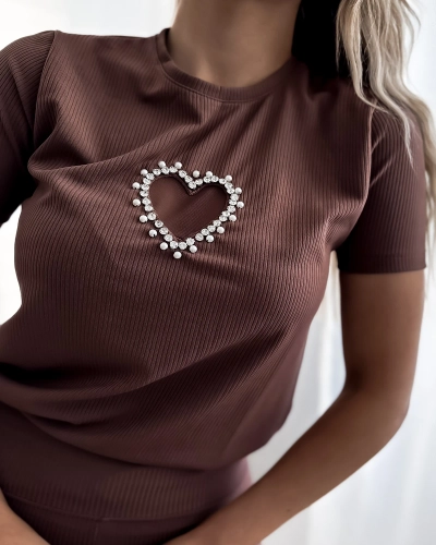Royalfashion Set sport pentru femei maro închis cu inimioare