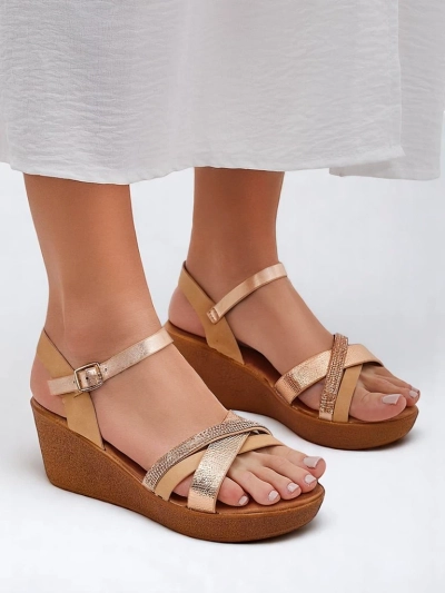 Sandale cu toc wedge pentru femei Royalfashion, cu strasuri și glitter Glittera