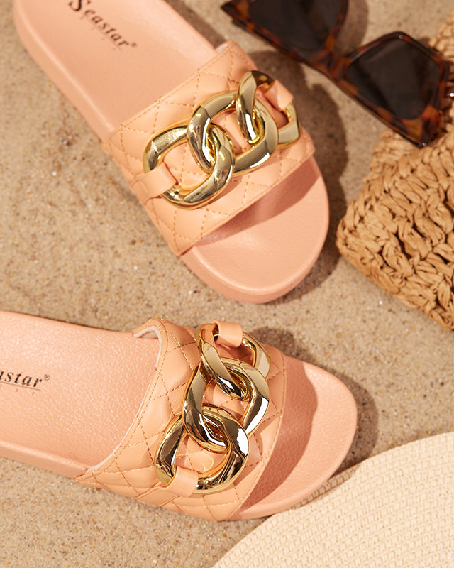 OUTLET Papuci dama matlasati coral cu lant auriu Eteris - Incaltaminte