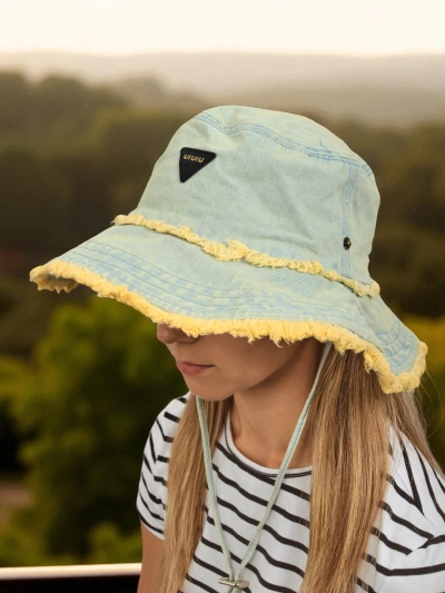 Topi matahari wanita Aristea jins pastel dengan trim kuning boho