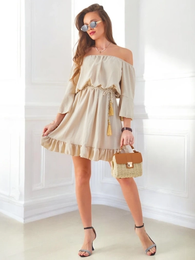 Rochie mini Royalfashion pentru femei, cu umerii la vedere, mâneci lungi și pietre strălucitoare