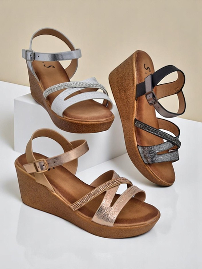 Sandale cu toc wedge pentru femei Royalfashion cu pietre strălucitoare și sclipici Eclat