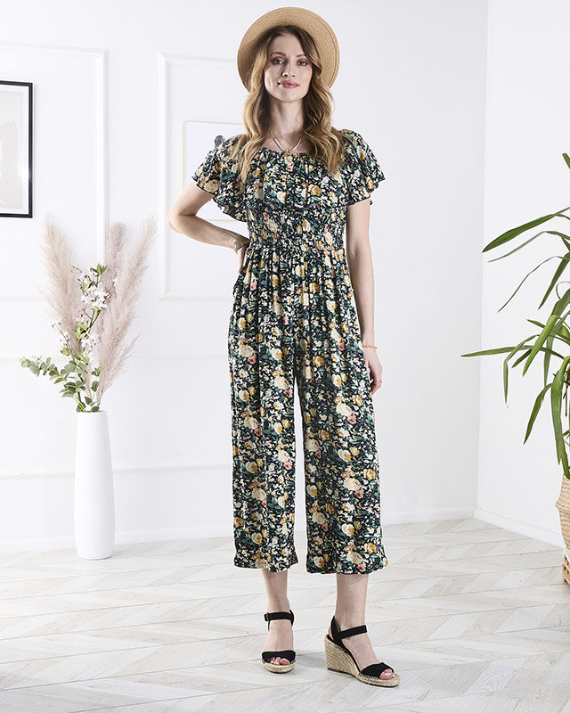 Salopetă lungă galben-marină cu model floral pentru femei - Îmbrăcăminte