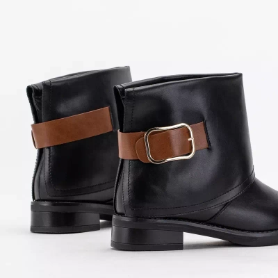 OUTLET Botine negre dama din piele ecologica cu toc plat Tera - Pantofi