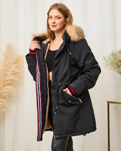 Jachetă neagră de iarnă pentru femei, cu talie elastică - Îmbrăcăminte