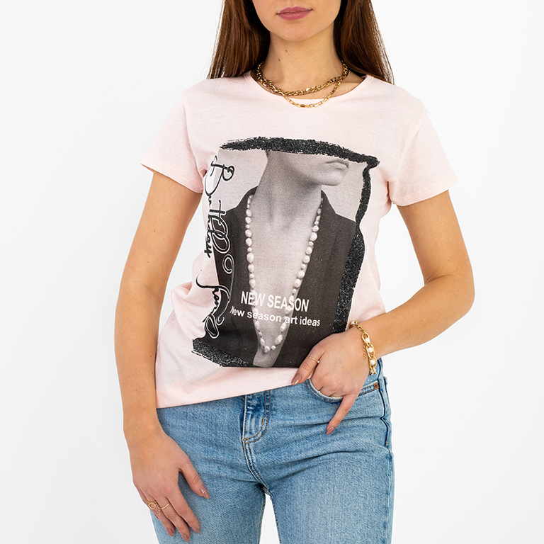 Tricou de damă roz cu imprimeu brocart - Îmbrăcăminte