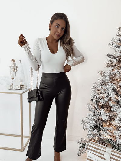 Royalfashion Pantaloni largi de damă din piele ecologică, negri