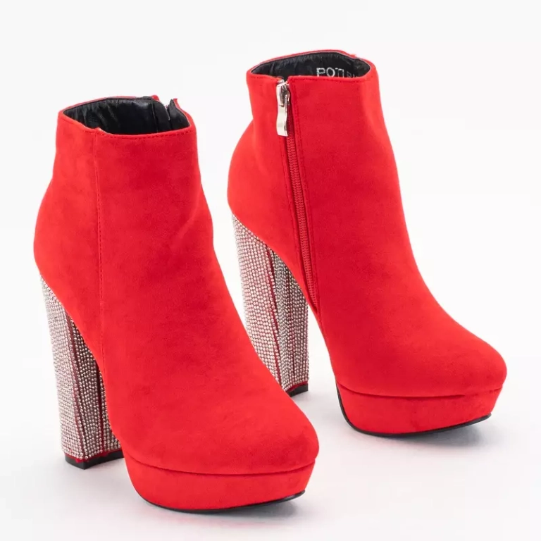 Botine de dama rosii cu toc inalt cu zirconii cubi Tatinka - Incaltaminte