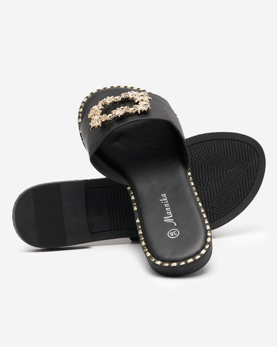 OUTLET Papuci de dama eleganti negri cu decor auriu Meriso - Incaltaminte