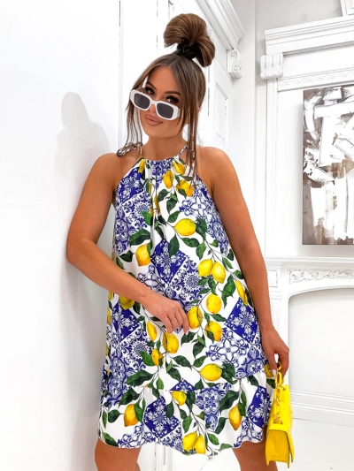 Rochie mini Royalfashion pentru femei, cu bretele spaghetti și cordon în talie cu imprimeu de lămâi la modă