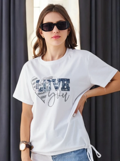 Royalfashion Tricou din bumbac pentru femei LOVE cu strasuri