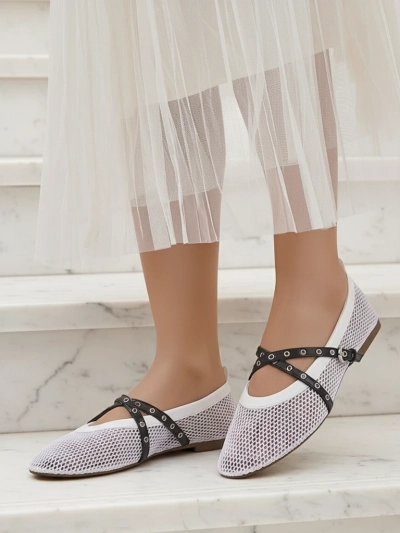 Balerini Royalfashion Calista Bianca – pantofi de damă albi tip plasă cu barete negre