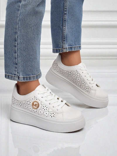 Sneakers damski Aelia Royalfashion pe platformă albi ajour ecru