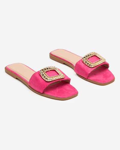 OUTLET Papuci dama fuchsia din piele intoarsa ecologica cu catarama aurie Lozi. Încălţăminte