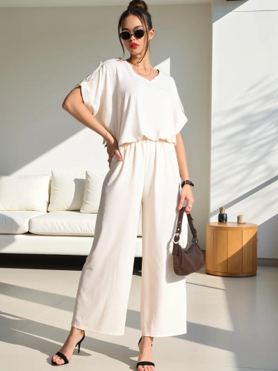 Royalfashion Set casual pentru femei, cu bluză cu mâneci scurte și pantaloni largi