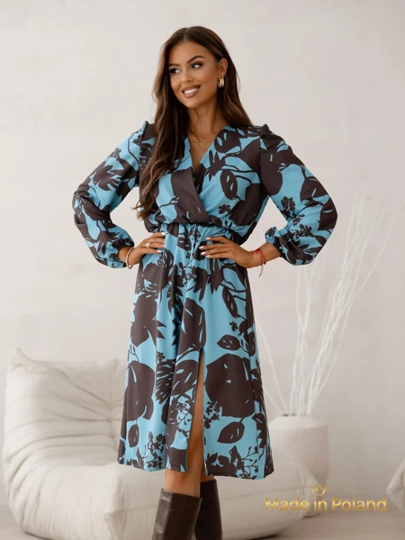 Rochie Afrodyta Blu Oceano – albastru midi, mâneci lungi, stil clasic