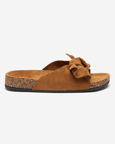 Papuci dama din piele intoarsa ecologica cu fundita in culoarea camel Dofro- Incaltaminte