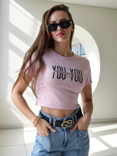 Royalfashion Top scurt din bumbac pentru femei cu inscripția