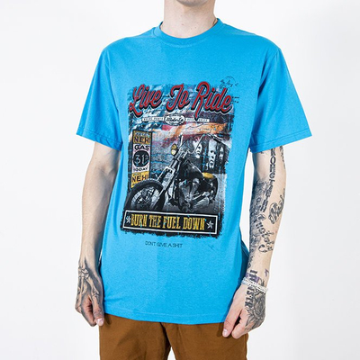 Tricou bărbătesc din bumbac, de culoare albastră, cu imprimeu - Îmbrăcăminte