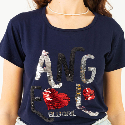 Tricou de damă bleumarin cu inscripție cu paiete - Îmbrăcăminte