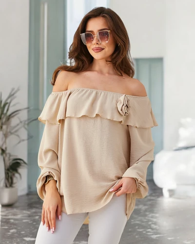 Bluză Royalfashion pentru femei, în stil spaniol, cu volane și floare