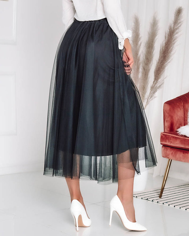 Fustă midi de damă cu două straturi, neagră - Îmbrăcăminte