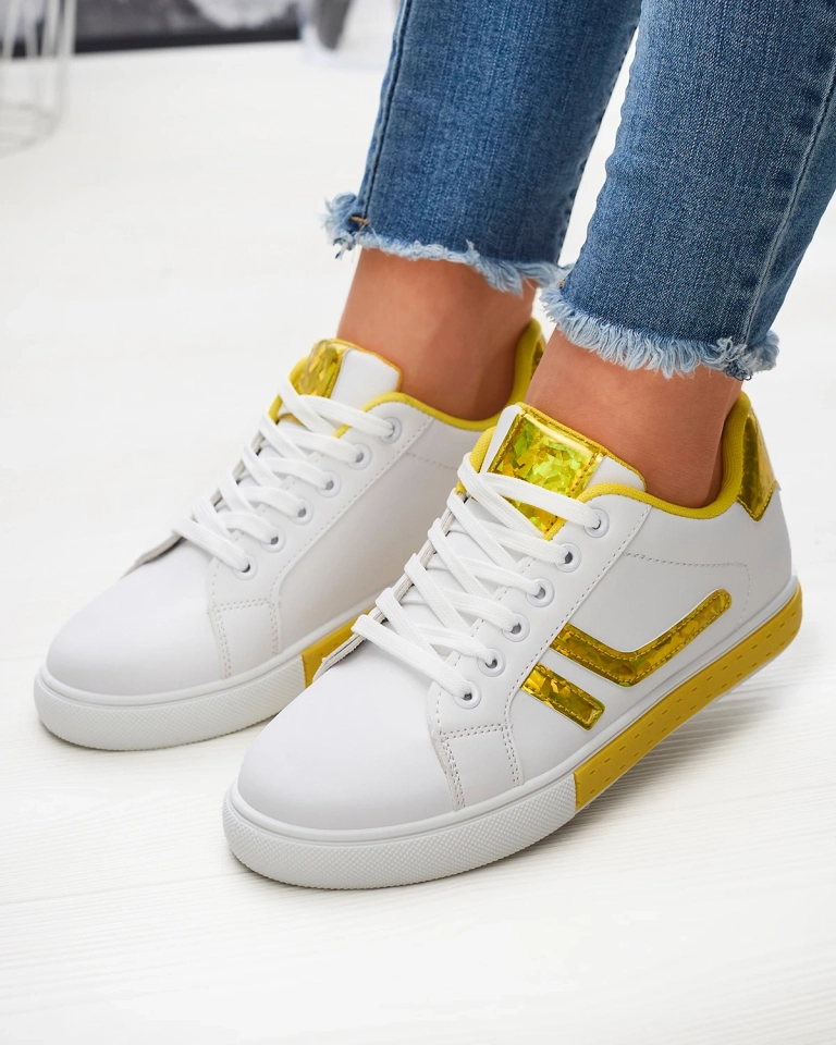 Pantofi sport de damă albi cu inserții holografice galbene Bielga- Footwear