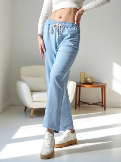 Royalfashion Pantaloni largi din bumbac pentru femei din viscoză cu zirconiu