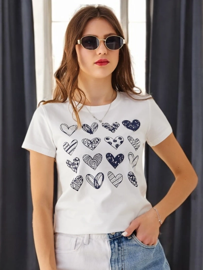 Royalfashion Tricou din bumbac pentru femei Cu multe inimi