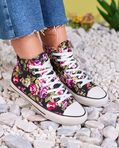 Royalfashion Adidași înalți negri de damă cu model floral Soxic