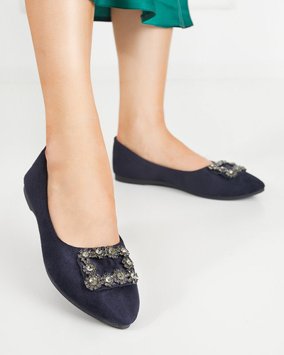 Balerini de dama din piele intoarsa ecologica albastru bleumarin cu ornament Linselisa - Pantofi