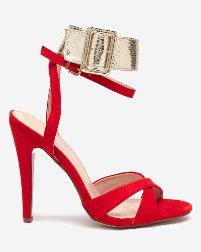 Sandale de dama cu toc inalt in rosu cu banda aurie Magnessias - Incaltaminte