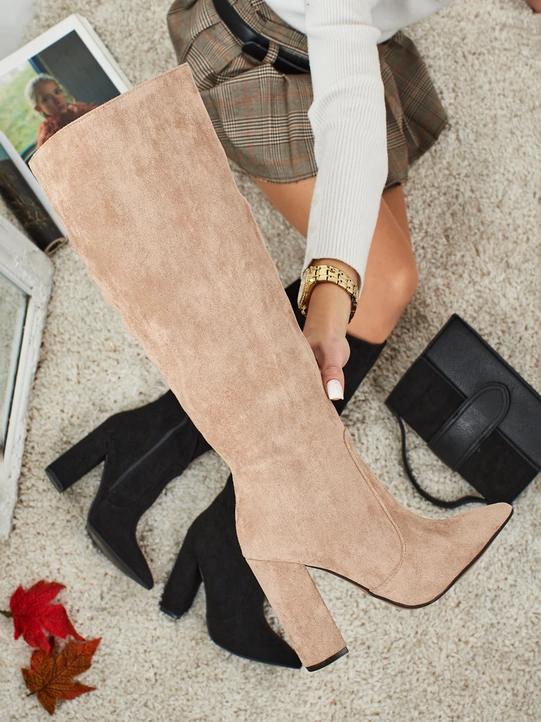 Cizme de damă din piele ecologică întoarsă cu toc gros Feravi