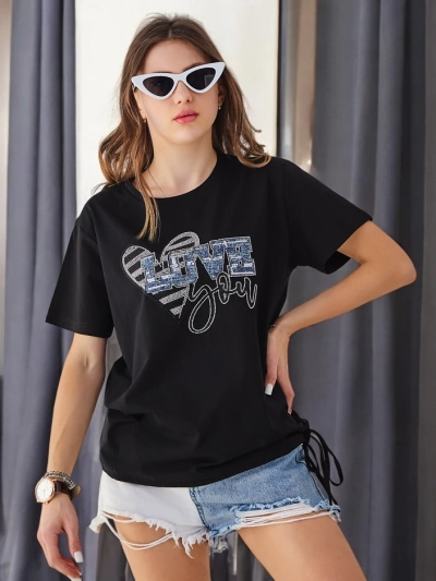 Royalfashion Tricou din bumbac pentru femei LOVE cu strasuri
