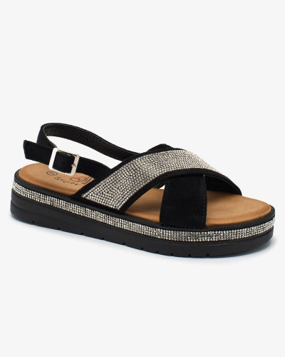 Royalfashion Sandale negre de damă din eco-suede cu zirconii Trikys